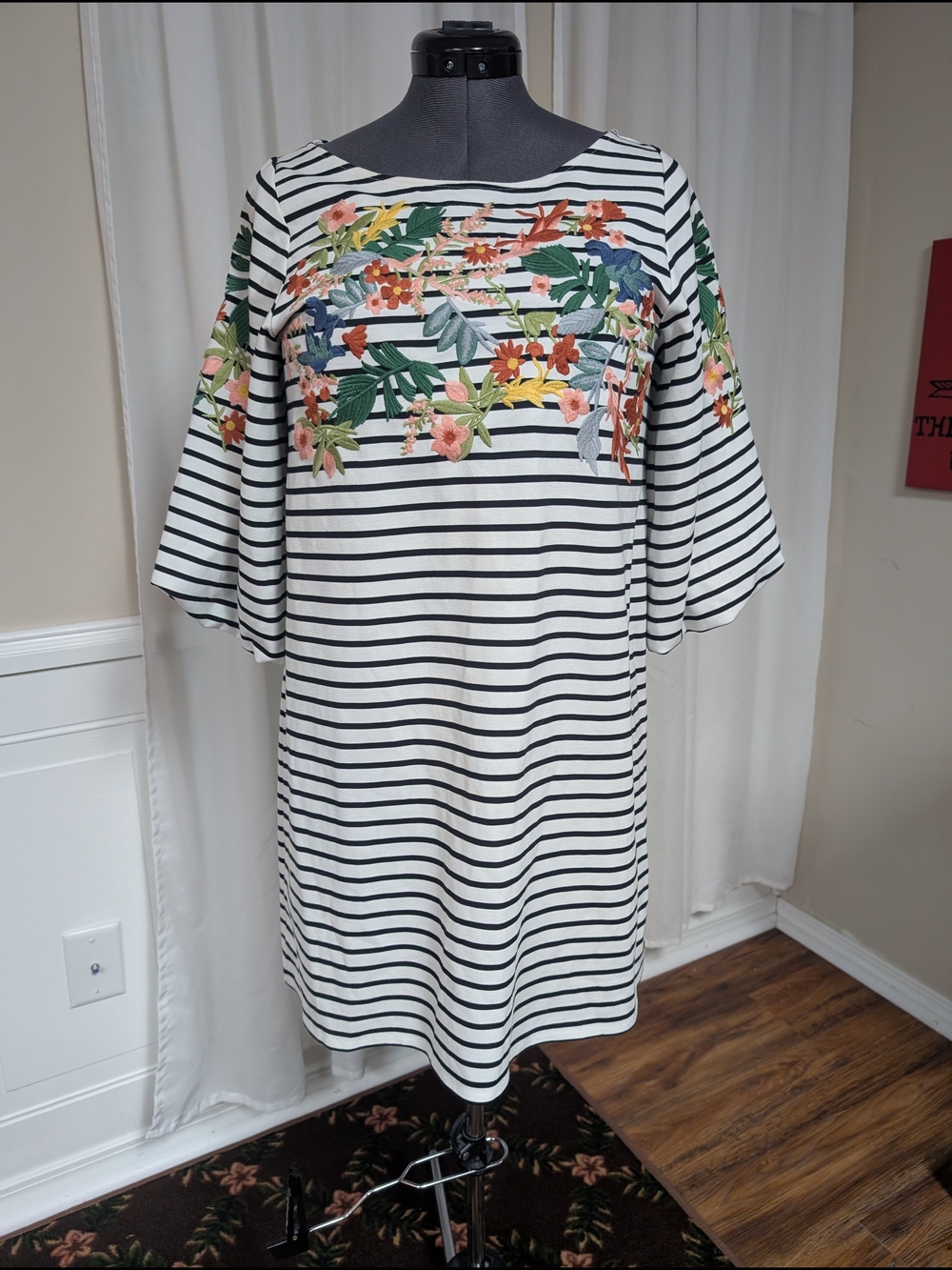 Gianni Bini Black & White Striped Midi Dress with Floral Embroidery